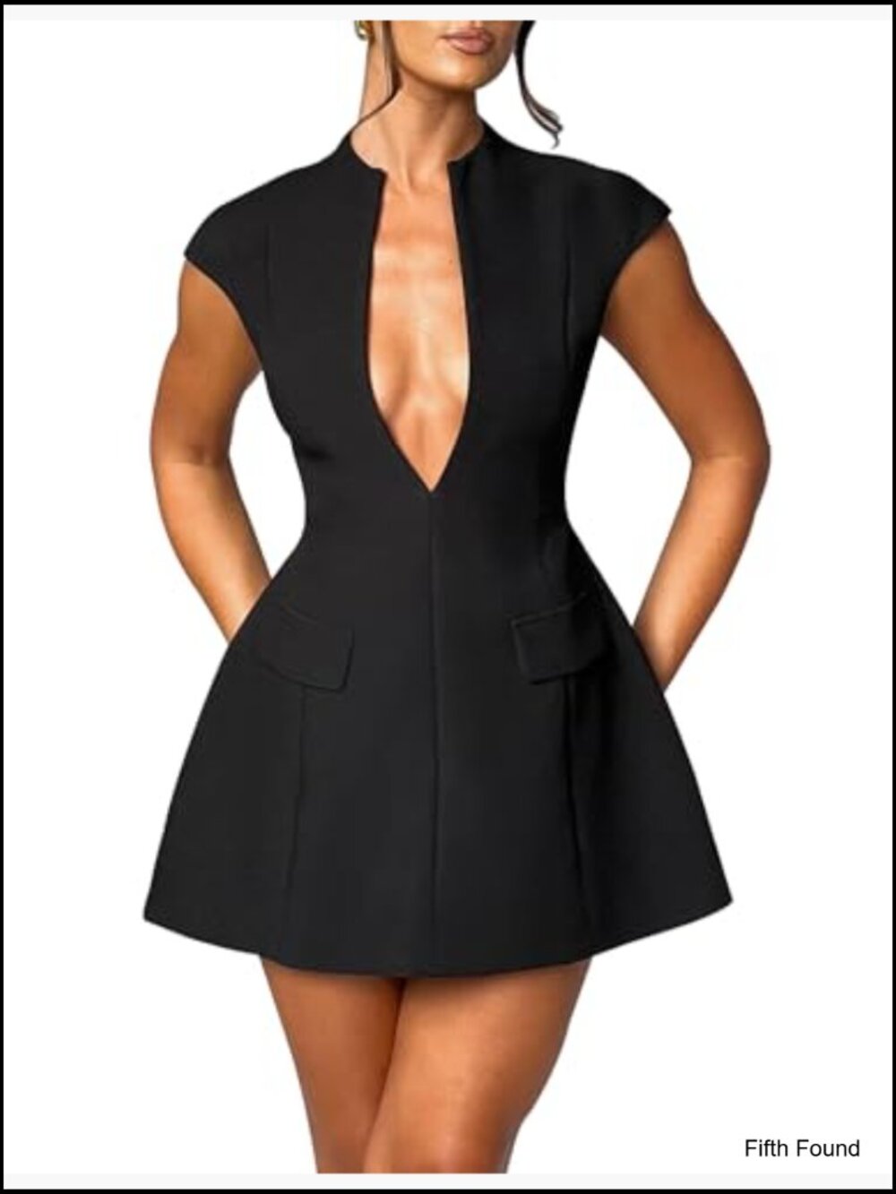 Cap Sleeve Deep V Neck Zipper A-line Mini Dress Night Out Party - Picture 6 of 7